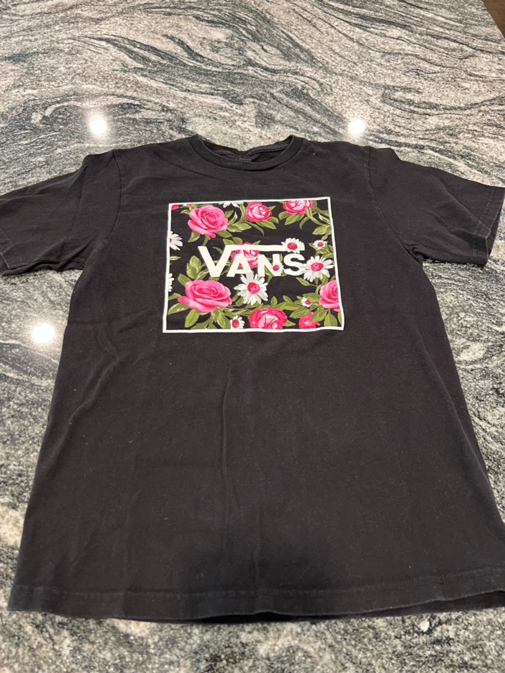 Vans Black Tee with Pink Floral Logo